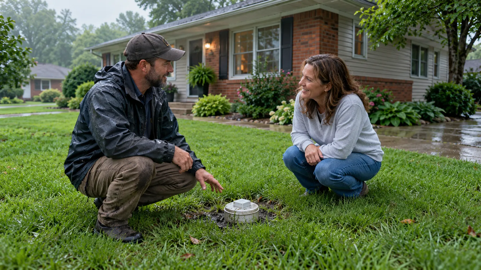 A brick ranch home with a lawn near a sewer cleanout in San Antonio